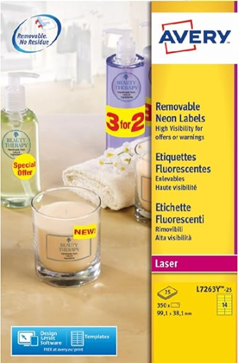 Étiquette fluorescente repositionnable Avery, Nb d'étiquettes/planche: 14, Nb d'étiquettes: 350